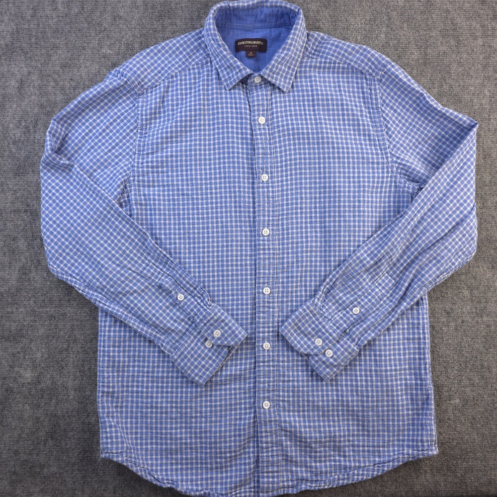 Johnston Murphy‎ Flannel Shirt Medium Blue Check Long Sleeve Button Up Outdoors